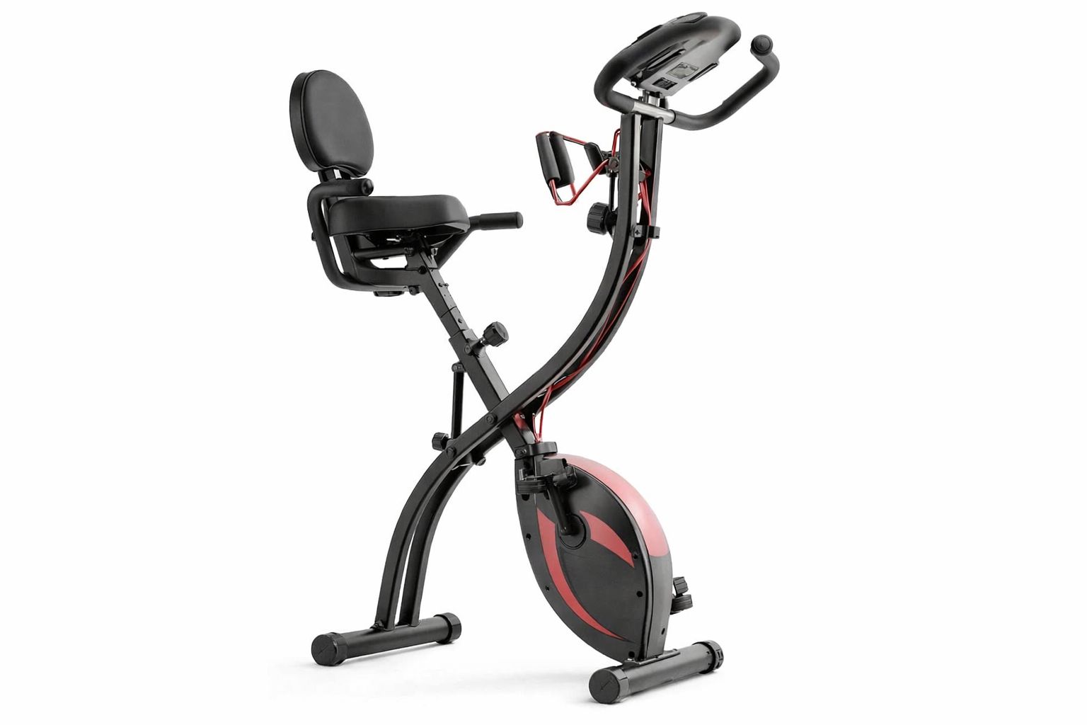 Ihopfällbar motionscykel med ryggstöd och motståndsband för hemmaträning.